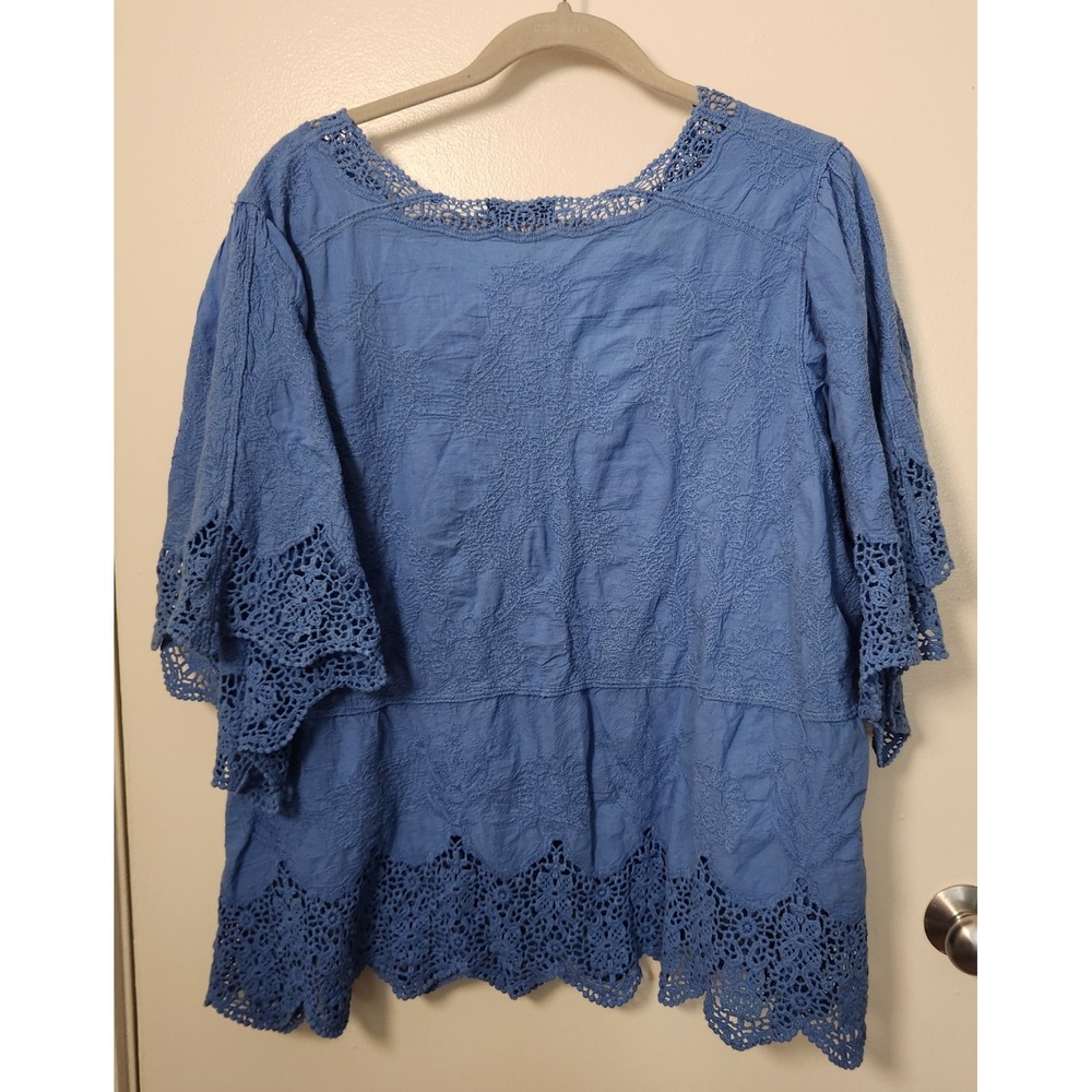 Democracy Women's 100% Cotton Plus Size 3X Crochet V-Neck Short Sleeve Top Blue - Picture 2 of 12